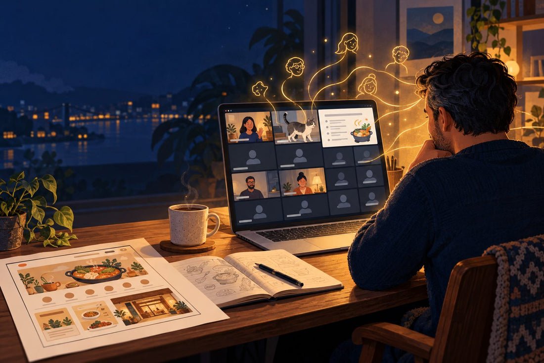 Illustration of a man at his laptop at night on a video call where most cameras are off, with golden threads linking him to the warm faces on screen