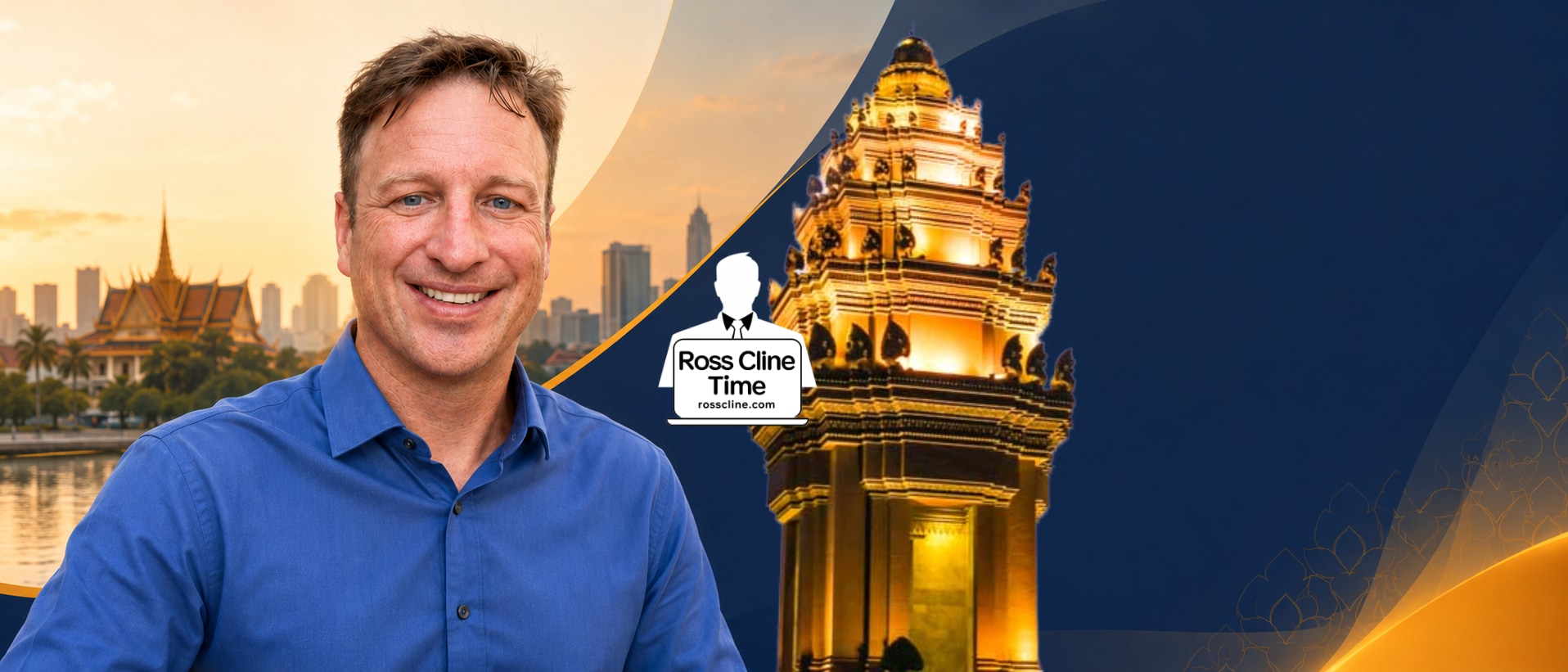 A smiling man in a blue shirt appears on the left, while the right side shows a golden illuminated tower at night against a dark blue background with abstract curved design elements. A small badge reads 'Ross Cline Time'.